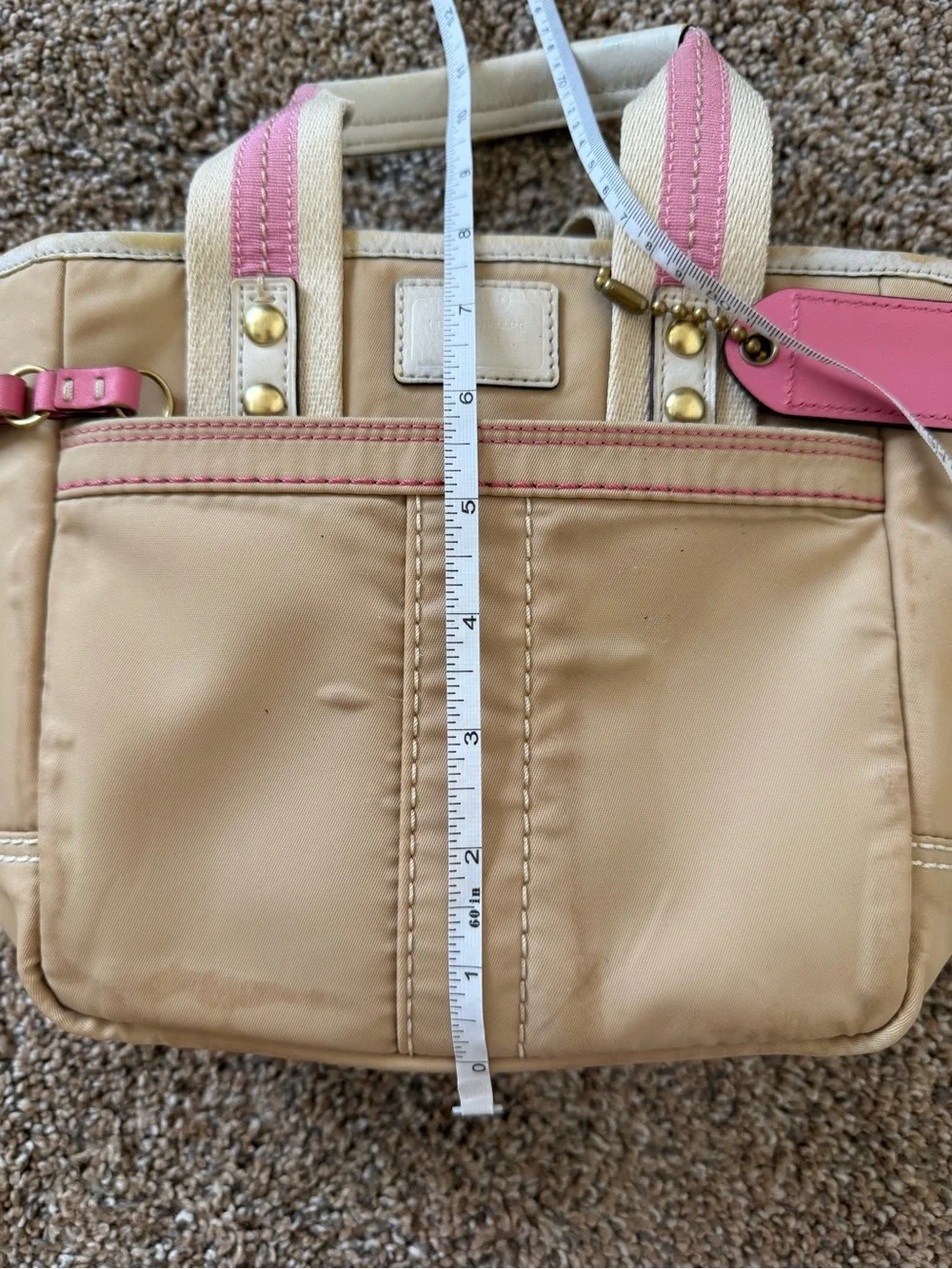 COACH MINI TOTE Brown Leather Accents - Tan & Bright Pink F10694